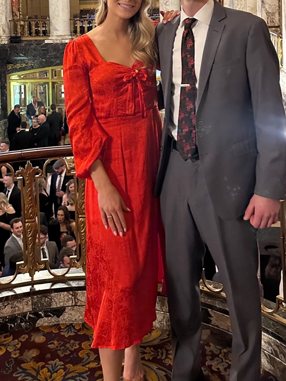 Vibrant Red Long-Sleeve Tie-Front Midi Dress
